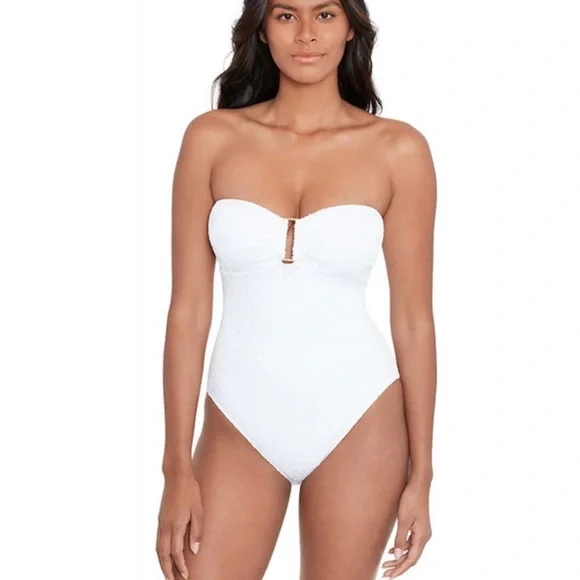 🌻NEW w/tag Lauren Ralph Lauren White Crochet Ring Bandeau 1-Piece Swimsuit sz 6 - Picture 4 of 11